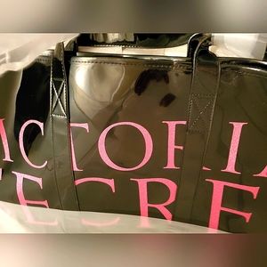 SEE Colorful VS ANGELS Pics Satin Lining!! NWT VS Lg Black Patent Tote Bag